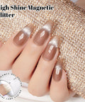 Cat Eye Gel Nail Polish Set With Magnetic 3D Glitter Effect in brown shimmer finish on fingernails, holding a jeweled clutch.