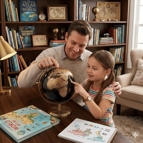 Man and girl studying a 6 Inch World Globe With Antique Bronze Stand Dope Black And Gold Earth Desktop Decor For Home Office