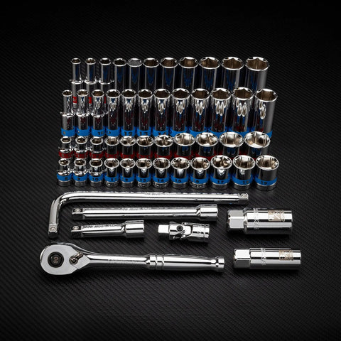 Three Eighths Inch Drive Ratchet And Socket Set, 53 Piece, Standard And Deep Metric And SAE Sockets, Chrome Vanadium Steel