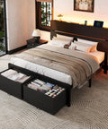 Black Queen Bed Frame Featuring Integrated Led Lights And Convenient Charging Station With Two Smooth Gliding Storage Drawers.