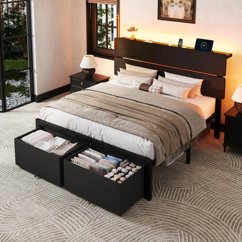Black Queen Bed Frame Featuring Integrated Led Lights And Convenient Charging Station With Two Smooth Gliding Storage Drawers.