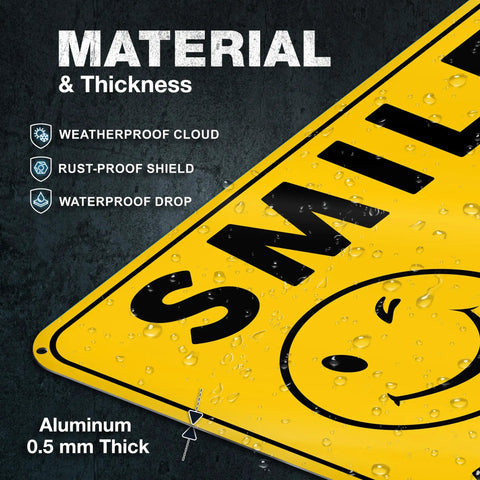 Smile Youre On Camera Signs 10x7 Outdoor Aluminum Notice Signs Single Sided Two Pack For Home Office Garage Yard Private Property Weatherproof Security Signage, aluminum 0.5 mm thick