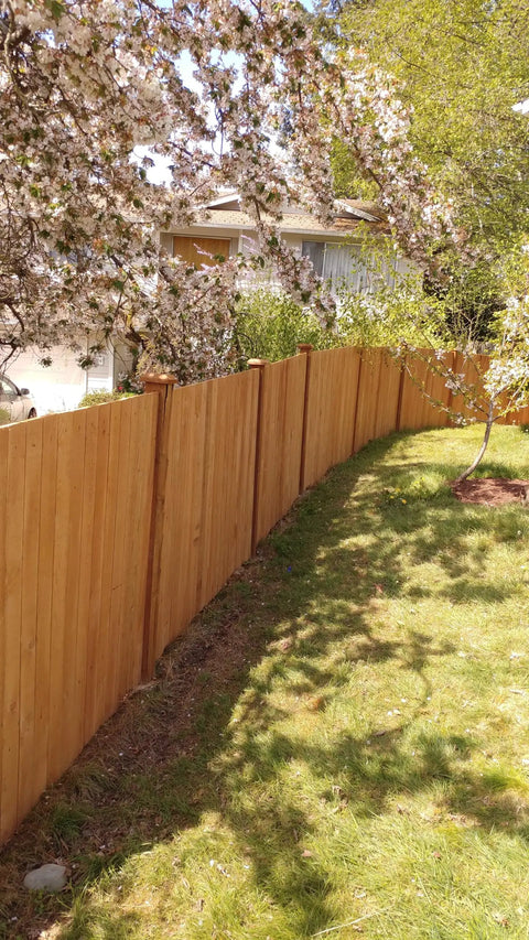 Built Different Exterior Wood Stain And Heavy Duty Fence Guard With Seriously Tough Water Repellent Finish Sierra Cedar Tint on new wooden fence.