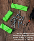 Super Handy Drill Bit Sharpening Guide Jig for Bench Grinders with Three Angle Options shown with screws and drill.