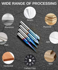 CNC Wood Carving Router Bit Set With 1/4 Inch Shank - 4 Piece, Pro Grade Tungsten Carbide Bits With Nano Blue Coating, materials shown