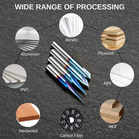 CNC Wood Carving Router Bit Set With 1/4 Inch Shank - 4 Piece, Pro Grade Tungsten Carbide Bits With Nano Blue Coating, materials shown