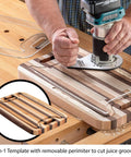 Person using Two In One Cutting Board Template With Juice Groove, Laser Cut Acrylic Router Template For Cutting Boards Charcuterie Boards And Serving Trays, USA Made, Large 17 3/4 By 10 3/4 Inches, Crystal Clear Visual Aid For Centered Grooves And Pro Style Results.