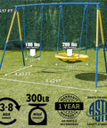 Diagram of My First Swing And Saucer Outdoor Playset For Backyard With dimensions and weight capacity labeled on green grass background