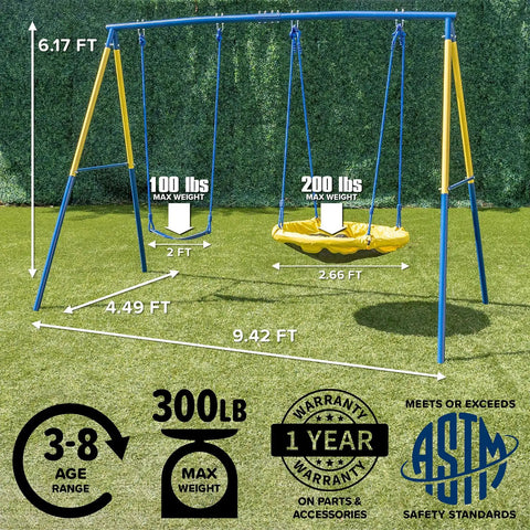 Diagram of My First Swing And Saucer Outdoor Playset For Backyard With dimensions and weight capacity labeled on green grass background