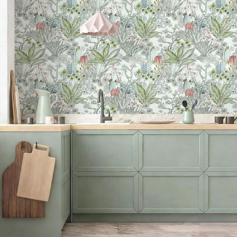 Boho Floral Peel And Stick Wallpaper Self Adhesive Contact Paper Waterproof For Bathrooms And Cabinets Removable Boho Chic Botanical Wall Covering 17.7 X 590.4 Inches on kitchen wall with green cabinets