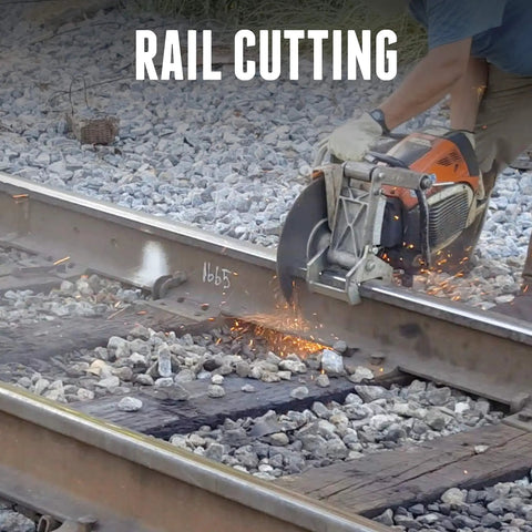 Using 14 Inch Tiger Zirc Rail Cutting Wheel For Steel And Metal Rails on railway tracks, sparks flying