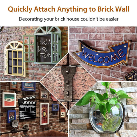 Built Tough Brick Wall Clips For Outdoor Hanging On Siding with decor like signs, clocks, and planters on various brick surfaces