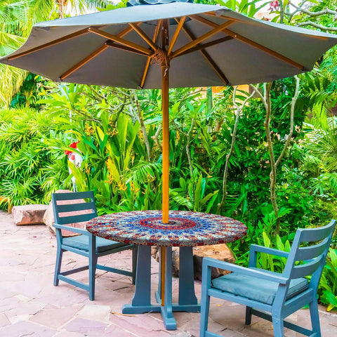 Two Pack Round Outdoor Tablecloths With Umbrella Hole Anti Wrinkle Polyester Hidden Zipper Elastic Edge Fit For 45 To 53 Inch Tables Mandala Design Perfect For Patio Hangouts Camping And Summer Parties covering a patio table