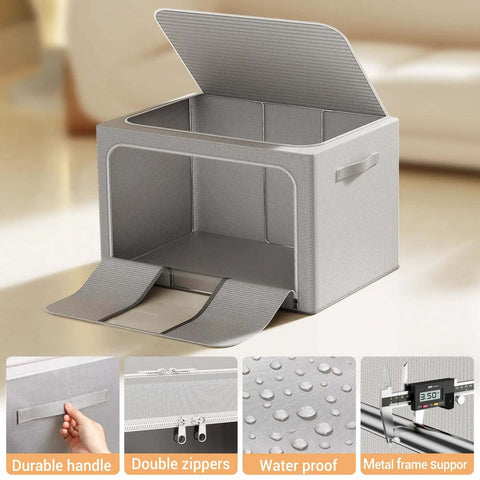 Foldable Metal Frame Storage Bins Set For Clothes And No Fuss Organization, 100L Each, 3 Pack with open lid and waterproof fabric