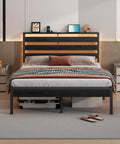 14 Inch Full Size Metal Platform Bed Frame Featuring A Tall Headboard, Rock Solid Steel Slat Support, Built In Led Lighting And Dual Usb Ports, Spacious Under Bed Storage, Zero Box Spring Drama, Smooth Noise Free Sleep, And Easy Peasy Setup, shown in a stylish bedroom with decor.