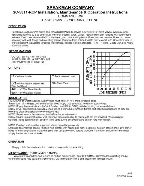 Instruction manual for Commander Wall Mount Service Sink Faucet With 8-Inch Centers, Rough Chrome Finish and Brass Construction.