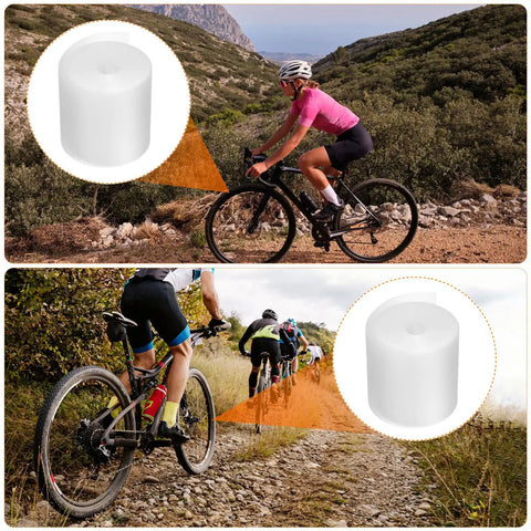 Cyclists on trail with Two Pack PU Bike Tire Liners For 27.5 Inch Tires Puncture Proof Flat Protector inset for detail view.