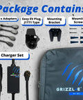 Contents of Slick And Hella Tough Portable Electric Vehicle Charger Up To 40 Amp Level 1-2 Fast Charging Station including adapters, charger set, and mounting accessories.