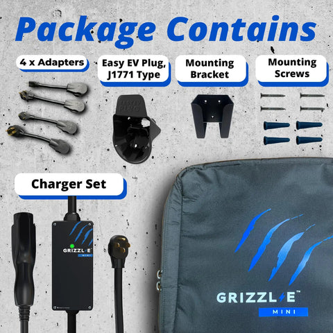 Contents of Slick And Hella Tough Portable Electric Vehicle Charger Up To 40 Amp Level 1-2 Fast Charging Station including adapters, charger set, and mounting accessories.
