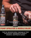 All In One Gun Cleaning Oil CLP For Firearms Clean Lubricate And Protect In One Step bottle and needle oiler with firearm