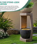 32 Inch Outdoor Fountain With Modern Geometric Two Bowls Water Feature And LED Lights Resin Durable Cascading Waterfall For Patio Backyard Garden Or Porch