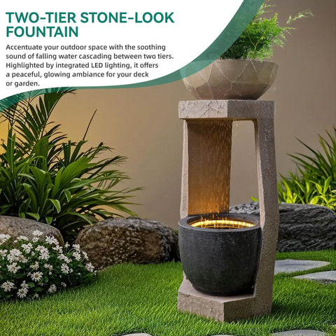 32 Inch Outdoor Fountain With Modern Geometric Two Bowls Water Feature And LED Lights Resin Durable Cascading Waterfall For Patio Backyard Garden Or Porch
