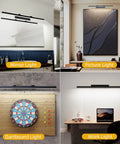 Heavy Duty Rechargeable Wireless Picture Light For Large Art Canvas And Paintings With Remote Control Three Adjustable Warm Cool White Tones Smart Auto Timer Smooth Wall Track Setup For Killer Gallery Glow displayed above various artworks and dartboard.