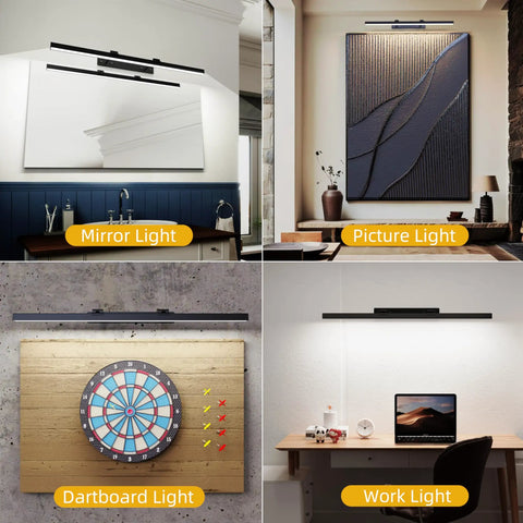 Heavy Duty Rechargeable Wireless Picture Light For Large Art Canvas And Paintings With Remote Control Three Adjustable Warm Cool White Tones Smart Auto Timer Smooth Wall Track Setup For Killer Gallery Glow displayed above various artworks and dartboard.