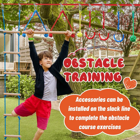 60ft Slackline Obstacle Course For Kids With 8 Accessories, Tree Protector And Carry Bag, Outdoor Adventure Playset Setup