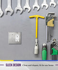 Heavy Duty 2 Gang Toggle Light Switch Decorator Metal Wall Plate 4.50 By 4.57 Inches 430 Stainless Steel Corrosion Resistant UL Listed Silver Finish Built To Last Tough As Nails mounted on gray wall