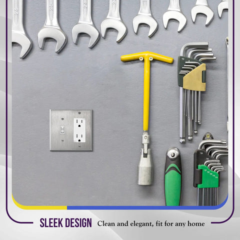 Heavy Duty 2 Gang Toggle Light Switch Decorator Metal Wall Plate 4.50 By 4.57 Inches 430 Stainless Steel Corrosion Resistant UL Listed Silver Finish Built To Last Tough As Nails mounted on gray wall
