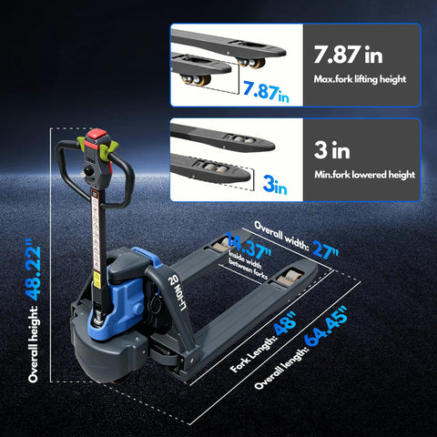 Detailed specifications of Heavy Duty 4400 Lb Capacity Electric Pallet Jack With Dual Safety System and Emergency Reverse Switch.