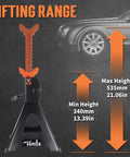 Front view of TONDA 3-ton jack stands, extra tall, adjustable 13.39-21.06 in, black with orange tops, pair
