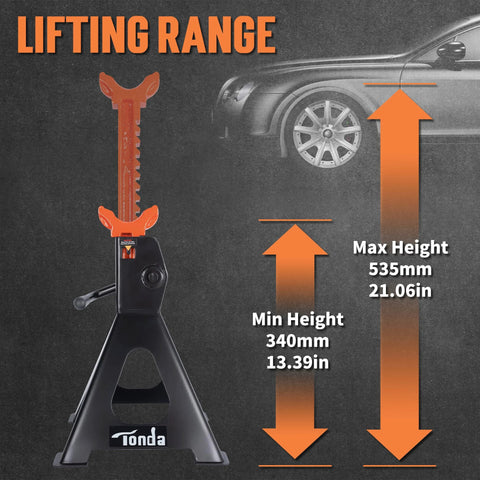 Front view of TONDA 3-ton jack stands, extra tall, adjustable 13.39-21.06 in, black with orange tops, pair