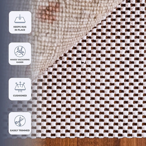 Close-up of Super Grip Natural Non Slip Rug Pad Cushioned 2 By 3 Feet on hardwood floor, showing weave pattern and benefits.