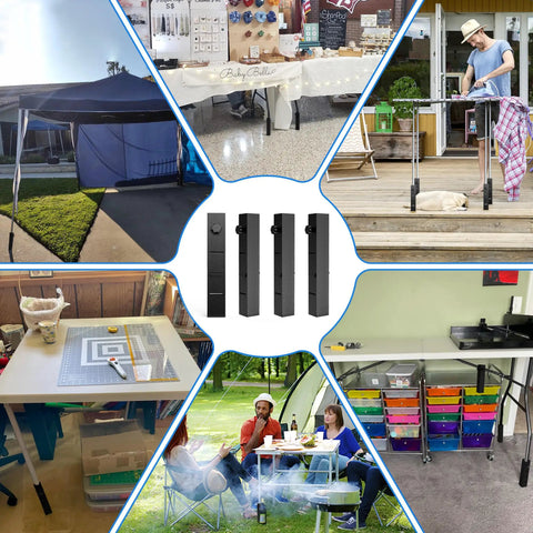 Heavy Duty Square Folding Table Leg Extenders With Three Level Adjustable Table Leg Risers used in various settings, showcased in multiple angles.