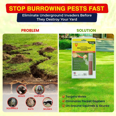 Quick Strike Mole And Gopher Gassers Eight Pack Self Igniting Burrow Pest Control Waterproof And Windproof Long Burn displayed with yard damage and packaging.