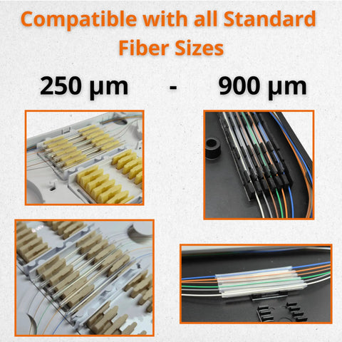 Fiber Optic Fusion Splice Sleeves 60mm 2.6mm OD 500 Pack Bulk Heat Shrink Protectors For Fusion Splicer shown in splice tray