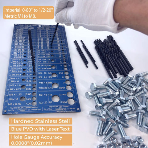 Stainless Steel Tap And Drill Gauge For Imperial And Metric With Full Drill Bit Size Guide, blue PVD plated, laser etched.