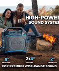 Block Rocker Kickin Portable Bluetooth Outdoor Party Speaker With Karaoke Microphone, 120W Power, beside a campfire
