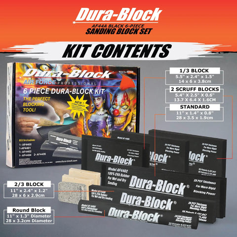 Six Piece Flexible EVA Foam Auto Body Sanding Block Kit with various sized blocks for wet or dry sanding displayed in packaging.