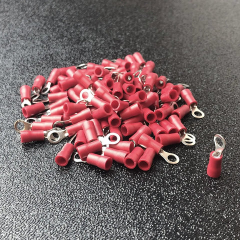 Insulated Ring Terminals For Electrical Crimp Connectors, Red 100 Pack, Fits 22 To 16 AWG Wire, Stud Size 6 To 8 in pile