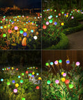 8 Pack Multicolor Solar Firefly Lights With 64 LEDs Waterproof Outdoor Garden Decor illuminating garden at night.