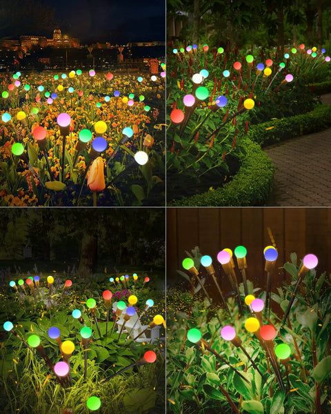 8 Pack Multicolor Solar Firefly Lights With 64 LEDs Waterproof Outdoor Garden Decor illuminating garden at night.