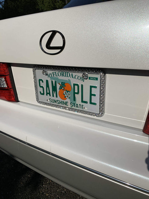 Installed Elegance Chrome License Plate Frame With Diamond Bling And Fastener Caps, 144 Simulated Diamonds, 6mm, Rattle Free Clips