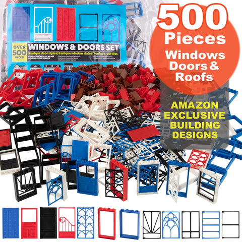 Over 500 Building Blocks With Windows Doors And Roof Pieces For Mega Modular House Builds Tight Fit Compatibility With Major Brands STEM Toy For Kids Birthday Gift Idea displayed in a colorful assortment.