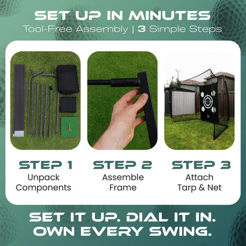 Backyard Ready Golf Hitting Net Ten By Eight By Five And A Half Feet With Silent Target Tarp setup steps displayed
