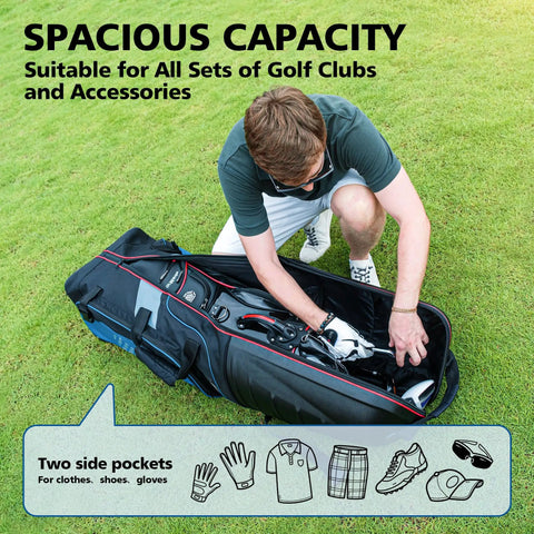 Travel Golf Bag With Wheels Hard Case Top Waterproof 1680D Oxford Heavy Duty Shield Protecting Clubs open with golfer