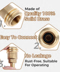 Solid Brass Propane Quick Connect Hose Fitting Adapter With One Quarter Inch Male Pipe Thread Converts QCC1 Type 1 Nut To POL Female Heavy Duty Gas Hose Adapter For Grills And Heaters No-Wrench Installation close-up showing brass material and connection points.