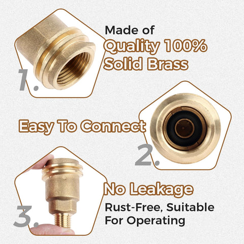 Solid Brass Propane Quick Connect Hose Fitting Adapter With One Quarter Inch Male Pipe Thread Converts QCC1 Type 1 Nut To POL Female Heavy Duty Gas Hose Adapter For Grills And Heaters No-Wrench Installation close-up showing brass material and connection points.